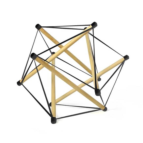 Tensegrity model made of wooden dowels and rubber bands.